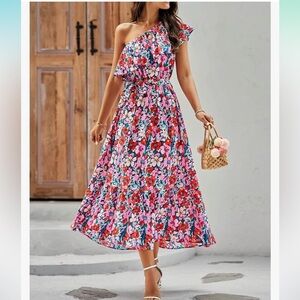 BTFBM One Shoulder Maxi Dress Sleeveless Layered Ruffle Boho Floral Print